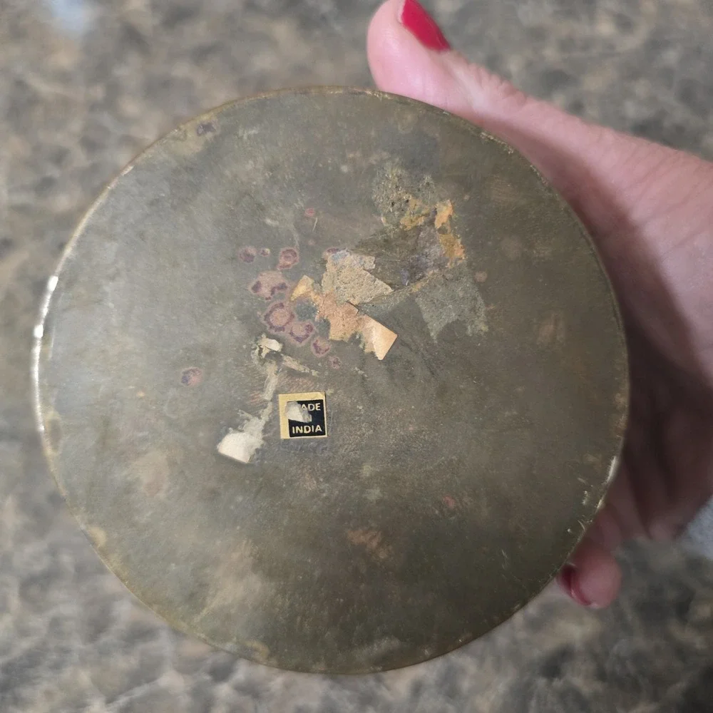 Vintage Round Brass Hinged Trinket Box w/ Top Handle Made in India